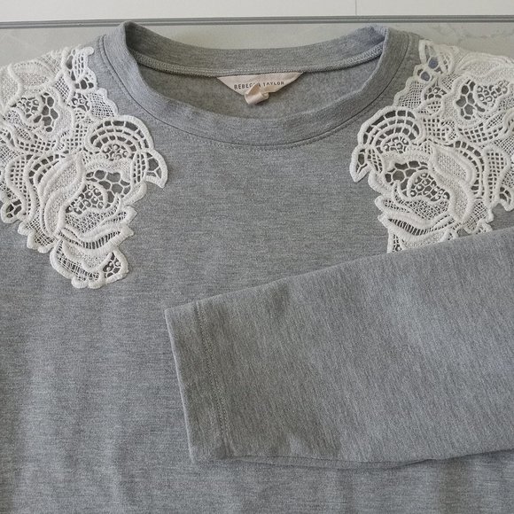 REBECCA TAYLOR (xs) LACE INSET cotton Sweatshirt Heather grey - Picture 8 of 12